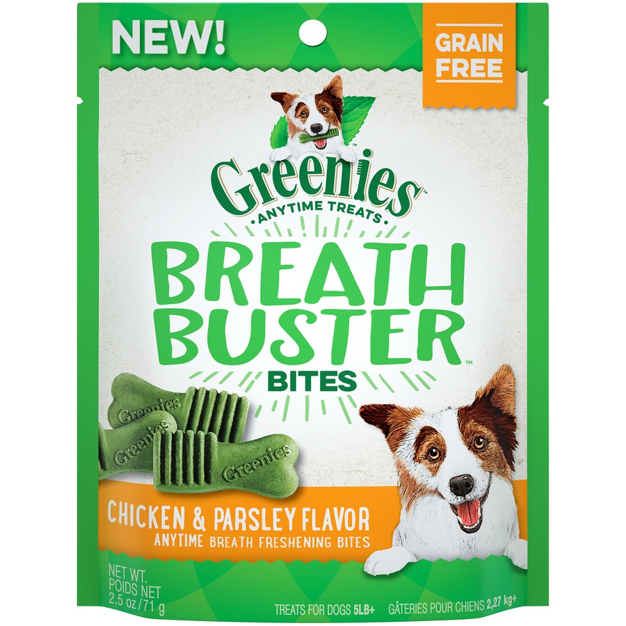 slide 1 of 1, Greenies BREATH BUSTER Bites Chicken & Parsley Flavor Treats for Dogs, 2.5 oz