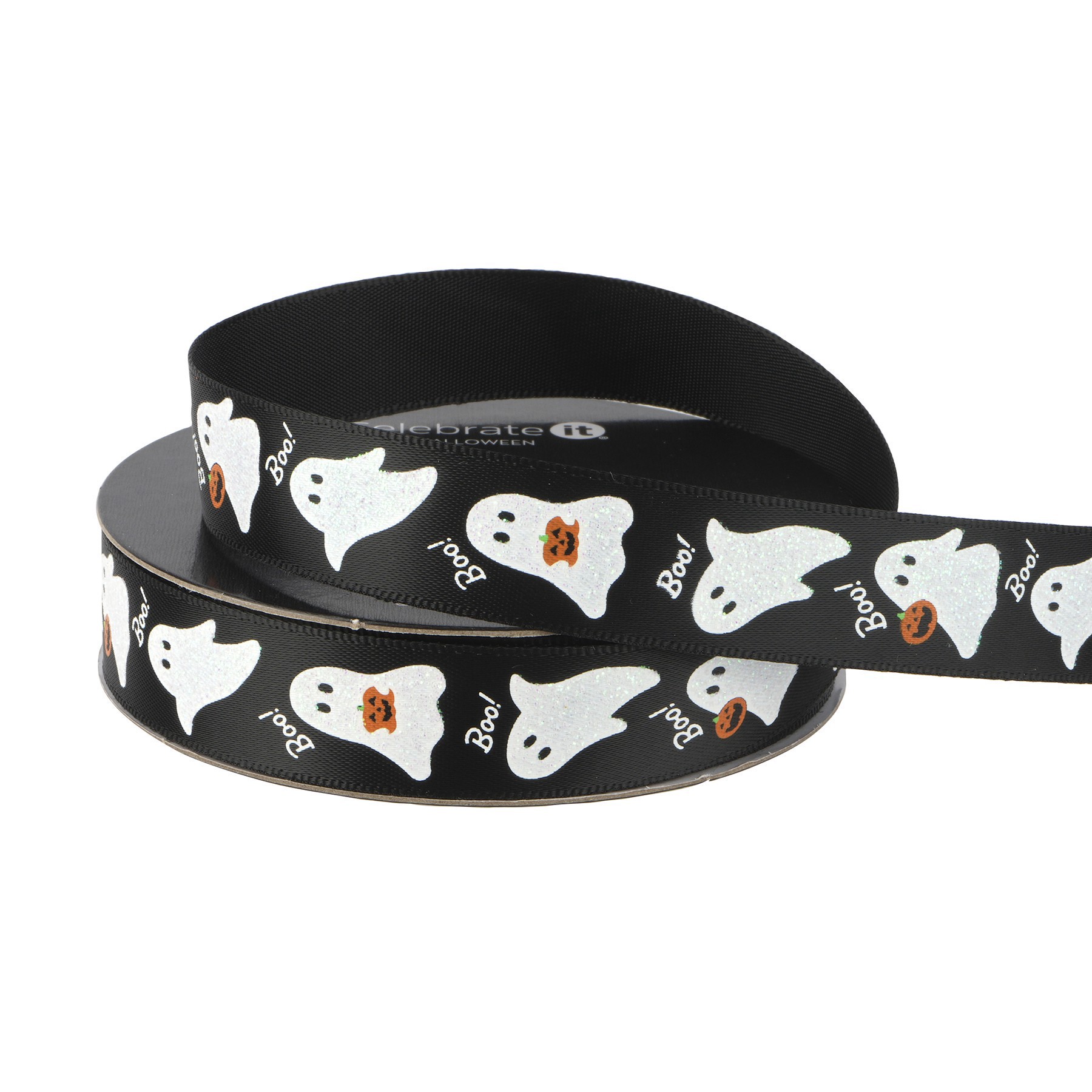 slide 3 of 3, 5/8" X 4yd. Black Ghosts Ribbon By Celebrate It Halloween, 5/8 in x 4 yd