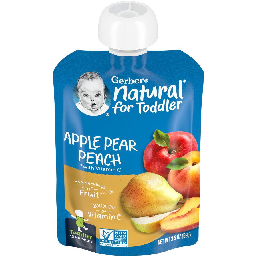 slide 1 of 7, Gerber Stage 2 Baby Food, Apple Pear Peach Puree Pouch, 3.5 oz