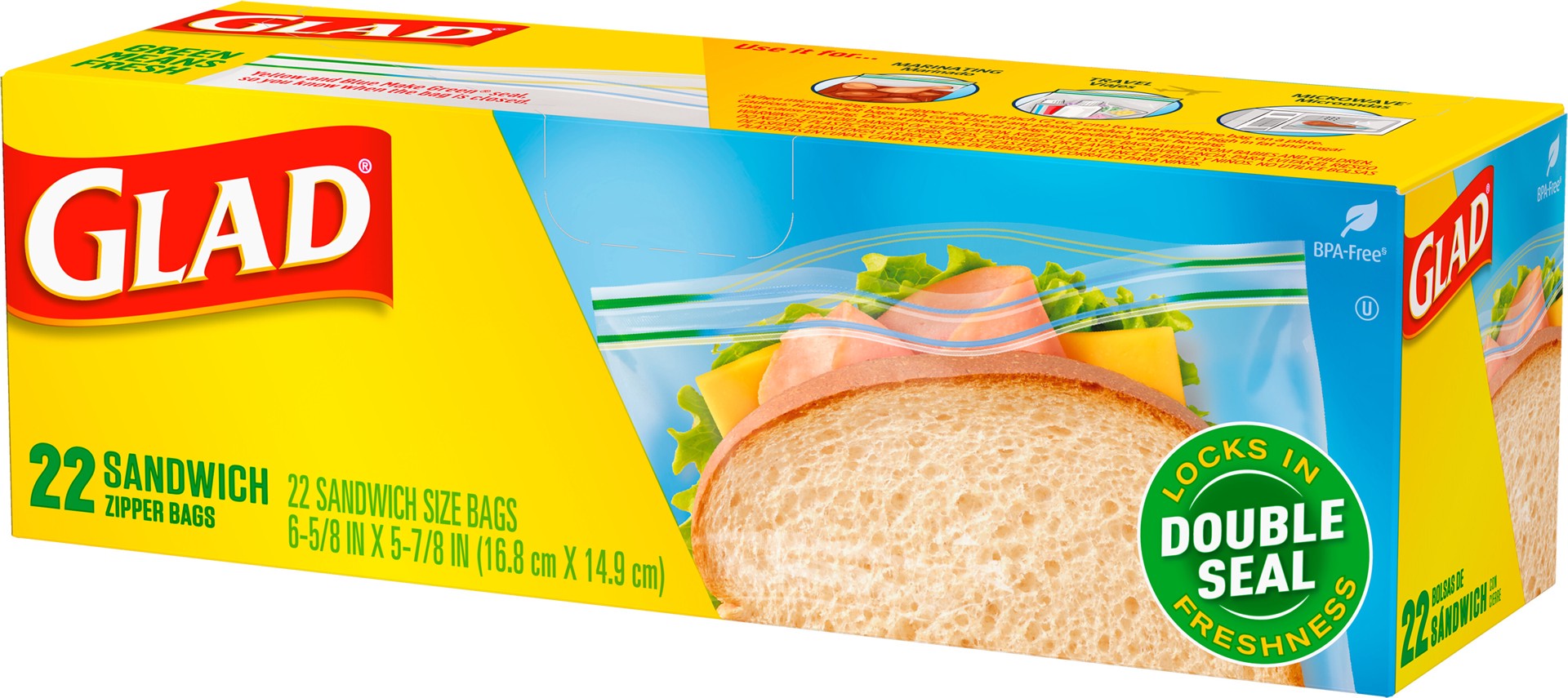 slide 5 of 5, Glad Zipper Food Storage Plastic Bags, Sandwich, 22 Count, 22 ct