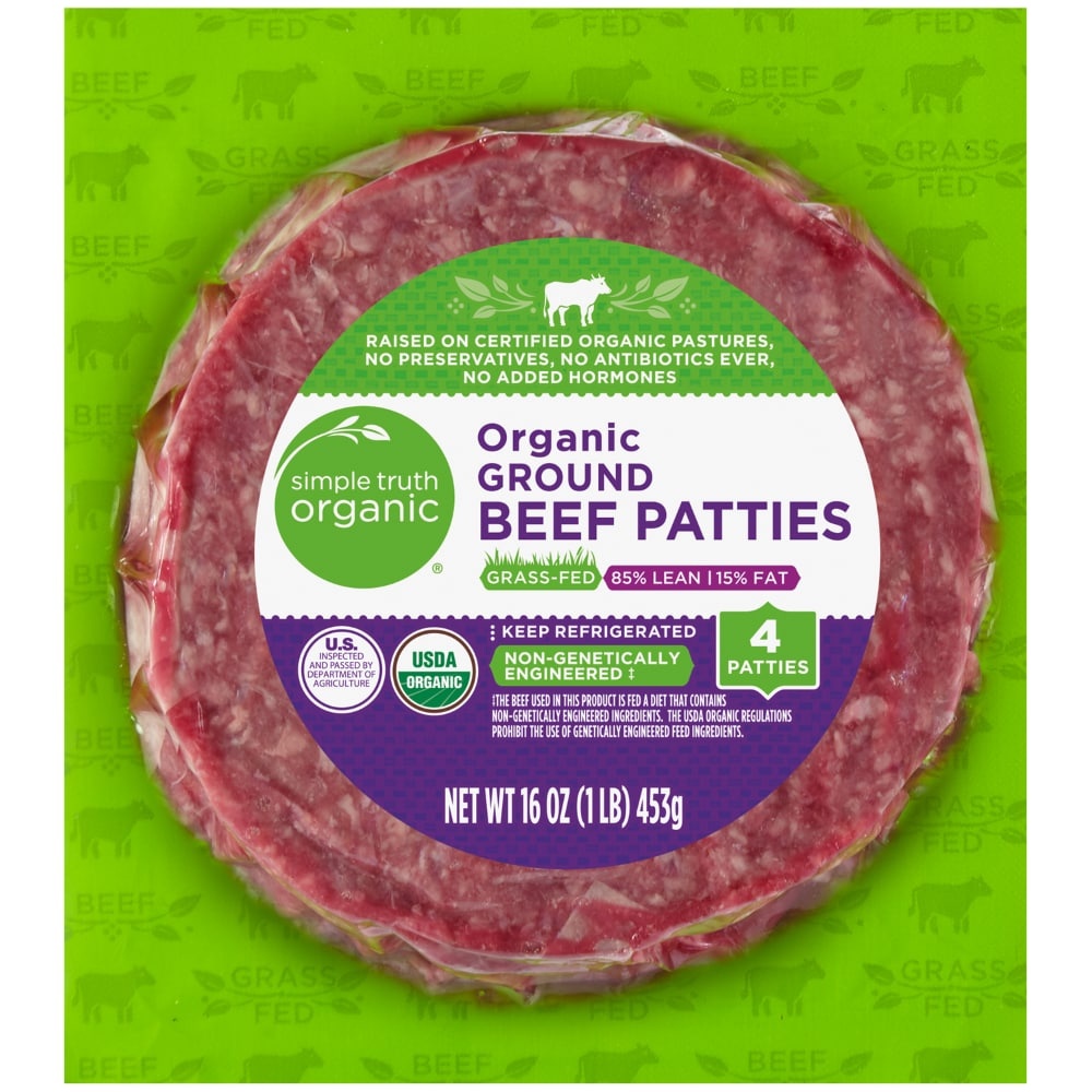 slide 1 of 1, Simple Truth Organic Grass-Fed Ground Beef Patties 85% Lean, 1 lb