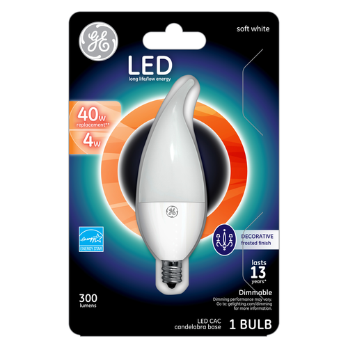 slide 1 of 1, GE LED 4-Watt Soft White Bent Tip Candelabra Base Frosted Finish Light Bulb, 1 ct