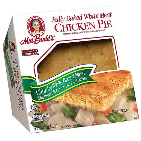 slide 1 of 1, Mrs. Budds Fully Baked White Meat Chicken Pie With Broccoli Carrots And Pearl Onions - 12 Oz., 12 oz