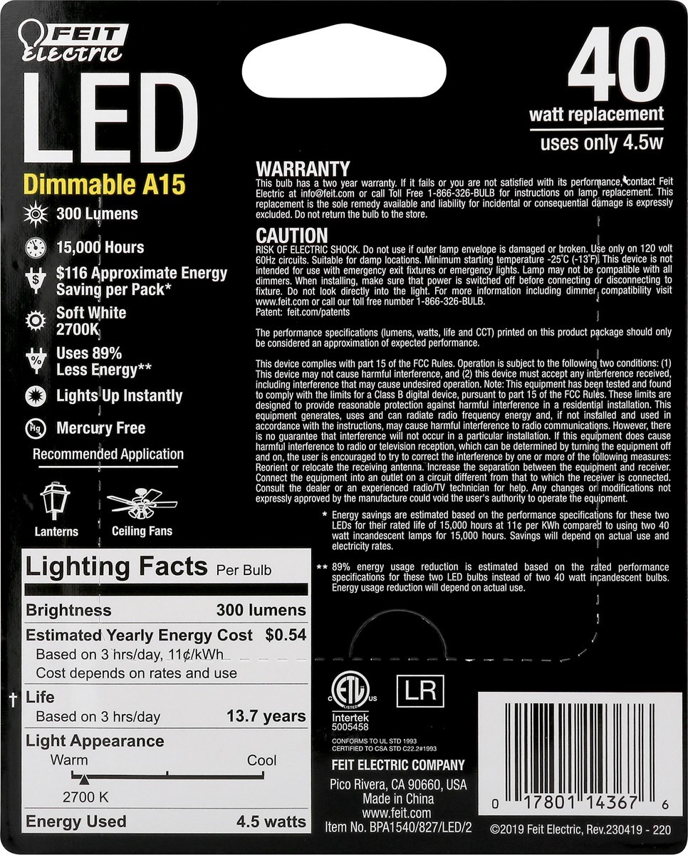 slide 2 of 6, Feit Electric Light Bulb 2 ea, 2 ct