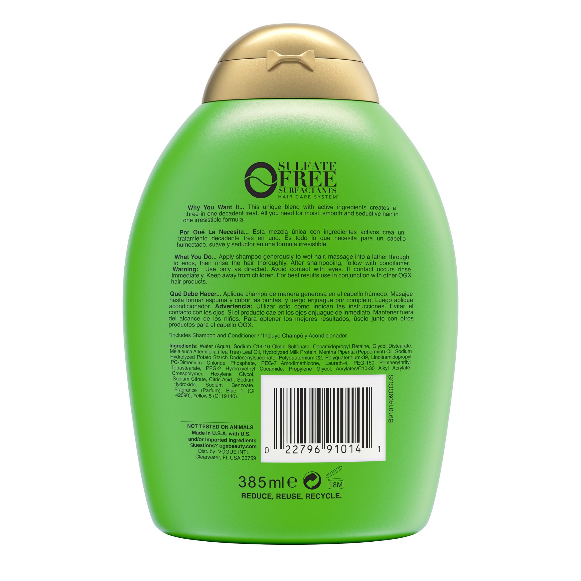 slide 7 of 9, OGX Hydrating + Tea Tree Mint Shampoo, Nourishing & Invigorating Scalp Shampoo with Tea Tree & Peppermint Oil & Milk Proteins, Paraben-Free, Sulfate-Free Surfactants, 13 Fl Oz, 385 ml