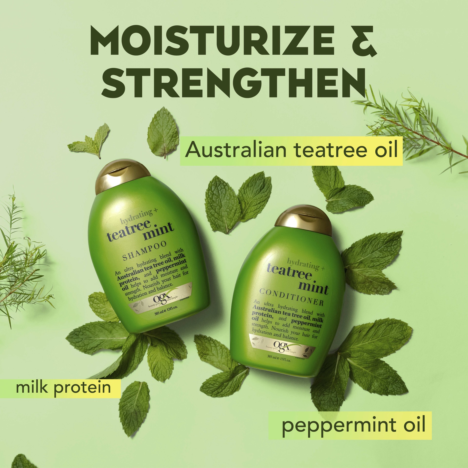 slide 9 of 9, OGX Hydrating + Tea Tree Mint Shampoo, Nourishing & Invigorating Scalp Shampoo with Tea Tree & Peppermint Oil & Milk Proteins, Paraben-Free, Sulfate-Free Surfactants, 13 Fl Oz, 385 ml