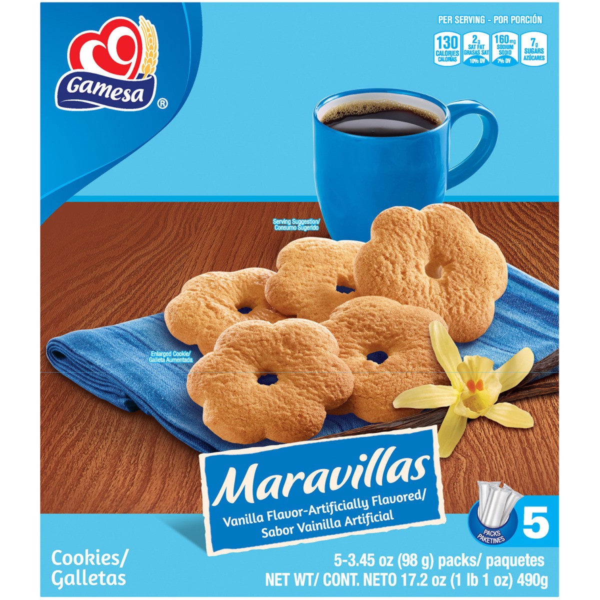 slide 1 of 2, Gamesa Maravillas Cookies Vanilla Naturally And Artificial Flavored 3.45 Oz 5 Count, 17.2 oz