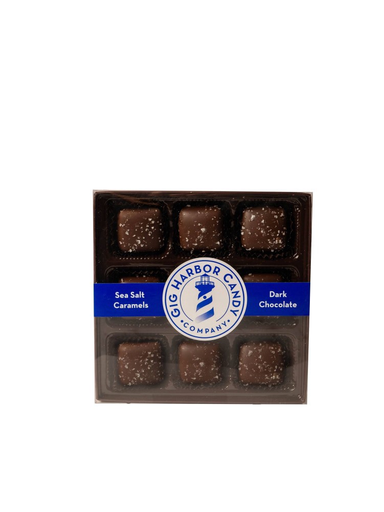 slide 1 of 1, Gig Harbor Candy Company Dark Chocolate Sea Salt Caramels, 9 oz
