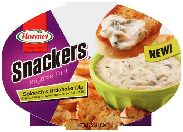 slide 1 of 1, Hormel Snackers Spinach & Artichoke Dip, 7.5 oz