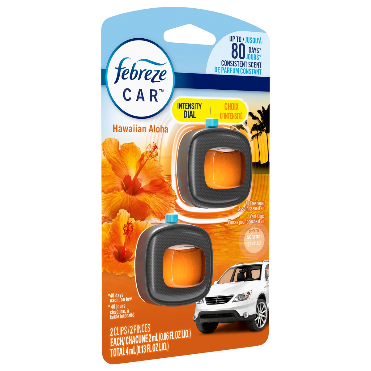 slide 4 of 4, Febreze Car Air Freshener, Odor-Fighting Automotive Vent Clip, Hawaiian Aloha Scent, 2 Count, 2 ct