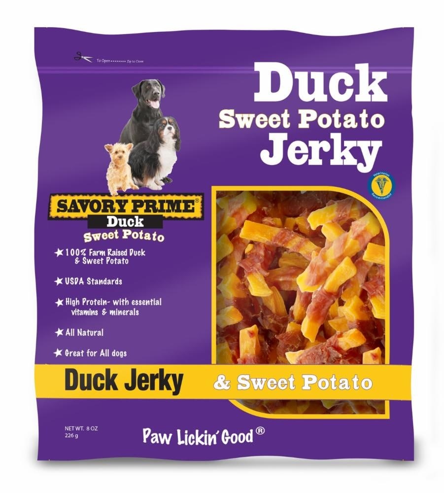 slide 1 of 1, Savory Prime Natural Duck & Sweet Potato Jerky Dog Treats, 8 oz