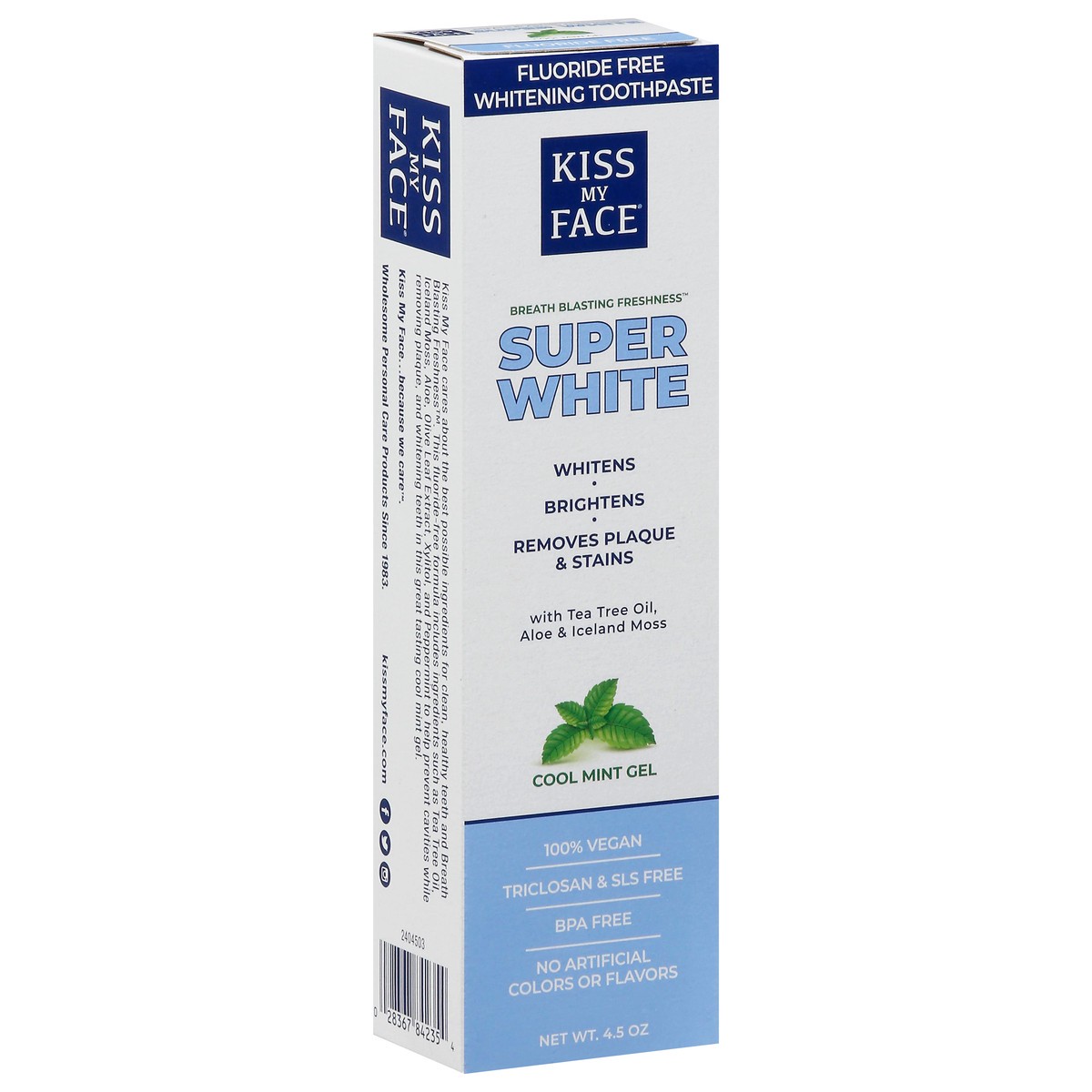 slide 2 of 9, Kiss My Face Super White Cool Mint Gel Fluoride Free Whitening Toothpaste 4.5 oz, 4.5 oz