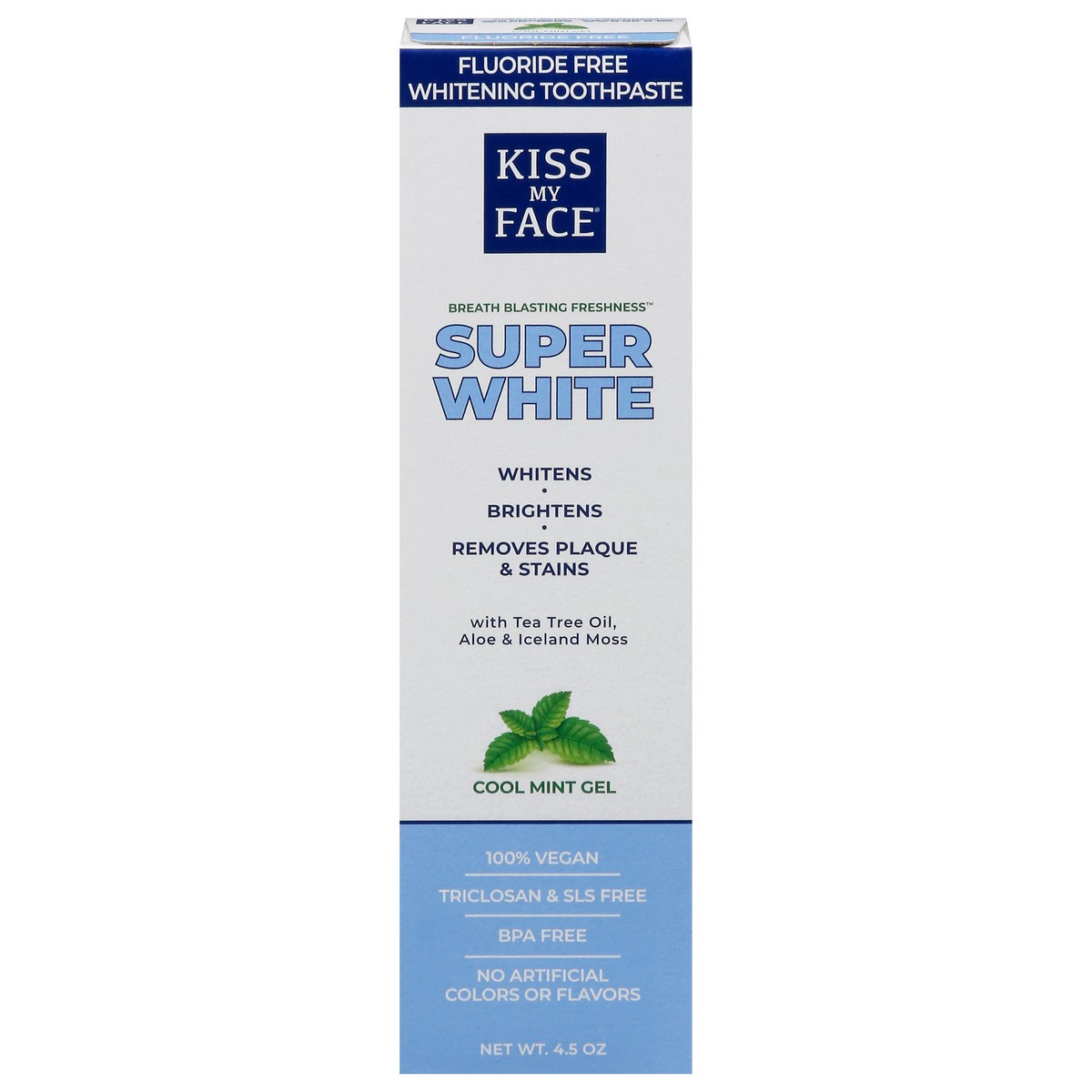 slide 1 of 9, Kiss My Face Super White Cool Mint Gel Fluoride Free Whitening Toothpaste 4.5 oz, 4.5 oz