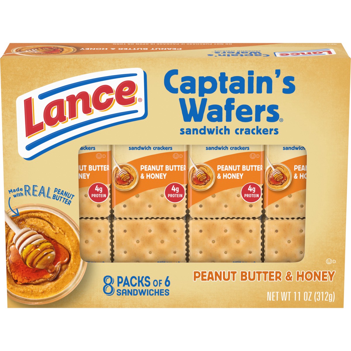 slide 1 of 5, Lance Sandwich Crackers, Captain's Wafers Peanut Butter and Honey, 8 Packs, 6 Sandwiches Each, 11 oz