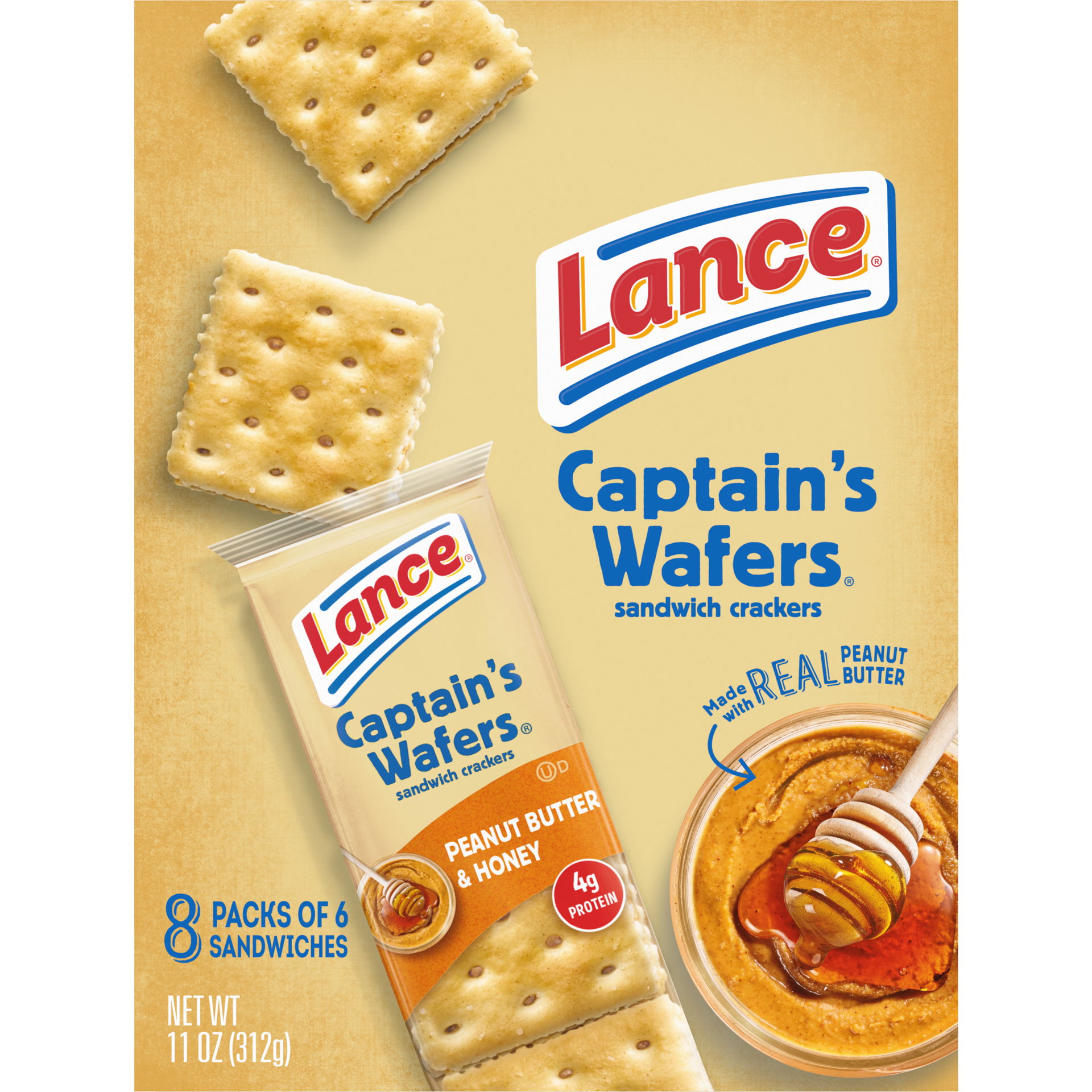 slide 2 of 5, Lance Sandwich Crackers, Captain's Wafers Peanut Butter and Honey, 8 Packs, 6 Sandwiches Each, 11 oz