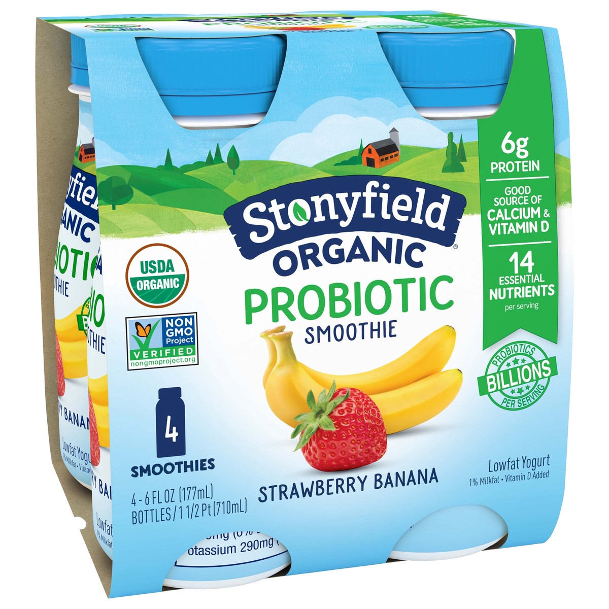 slide 5 of 9, Stonyfield Lowfat Yogurt Strawberry Banana Probiotic Smoothie 4 - 6 fl oz Bottles, 4 ct