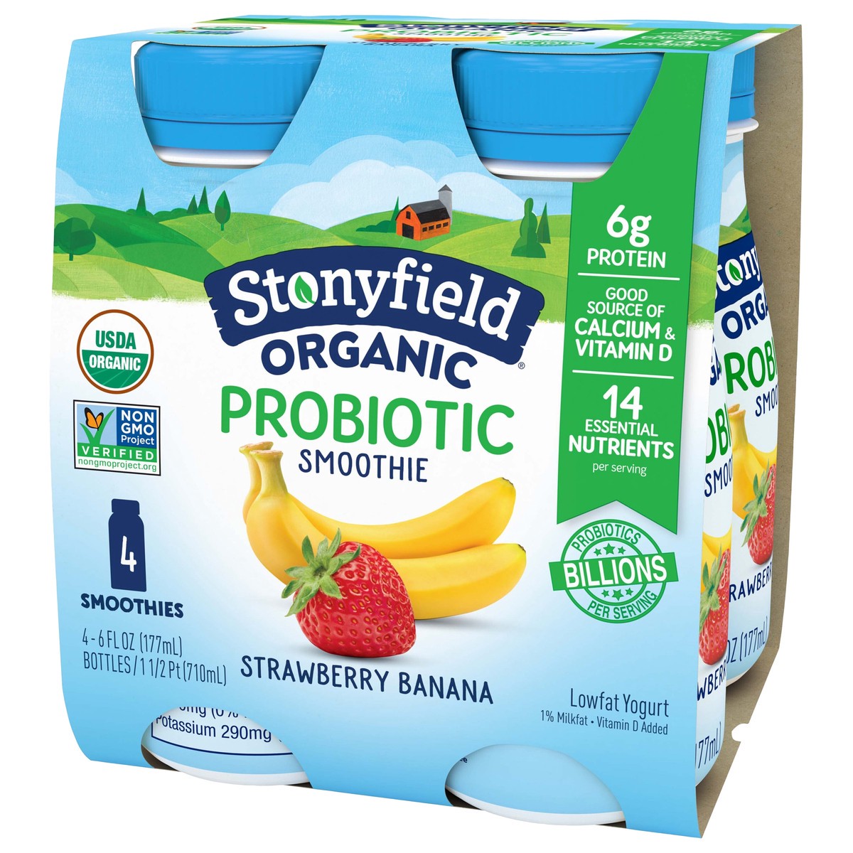 slide 4 of 9, Stonyfield Lowfat Yogurt Strawberry Banana Probiotic Smoothie 4 - 6 fl oz Bottles, 4 ct