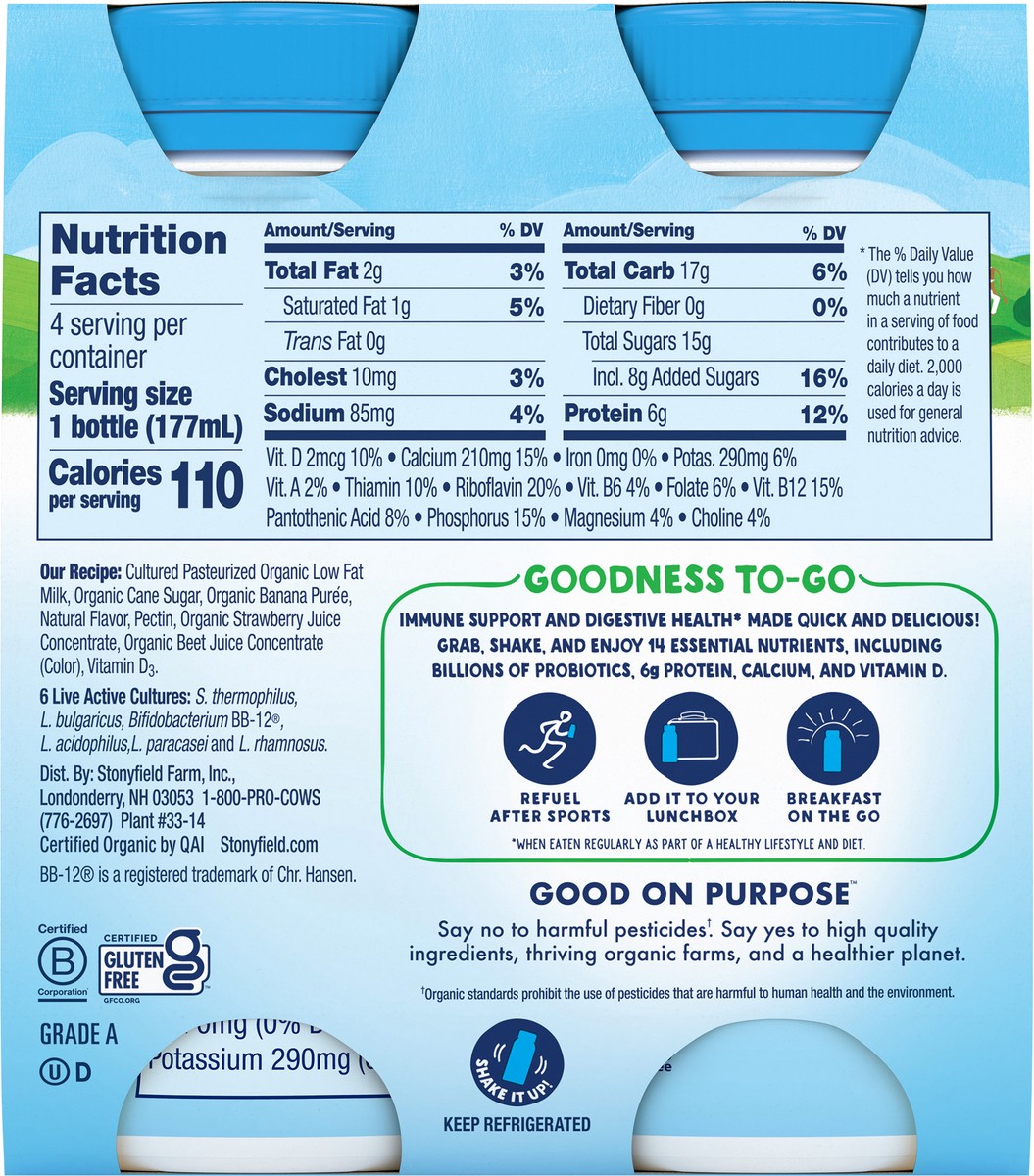 slide 2 of 9, Stonyfield Lowfat Yogurt Strawberry Banana Probiotic Smoothie 4 - 6 fl oz Bottles, 4 ct