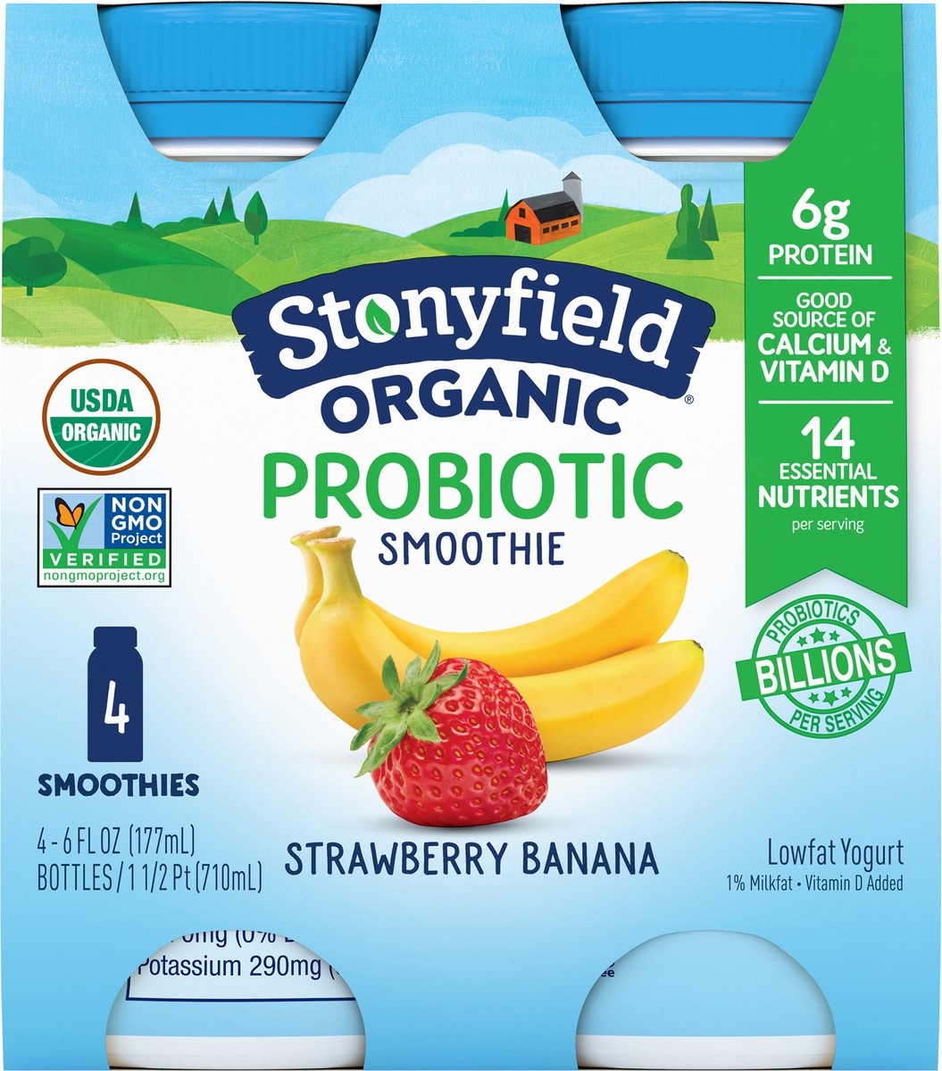 slide 6 of 9, Stonyfield Lowfat Yogurt Strawberry Banana Probiotic Smoothie 4 - 6 fl oz Bottles, 4 ct