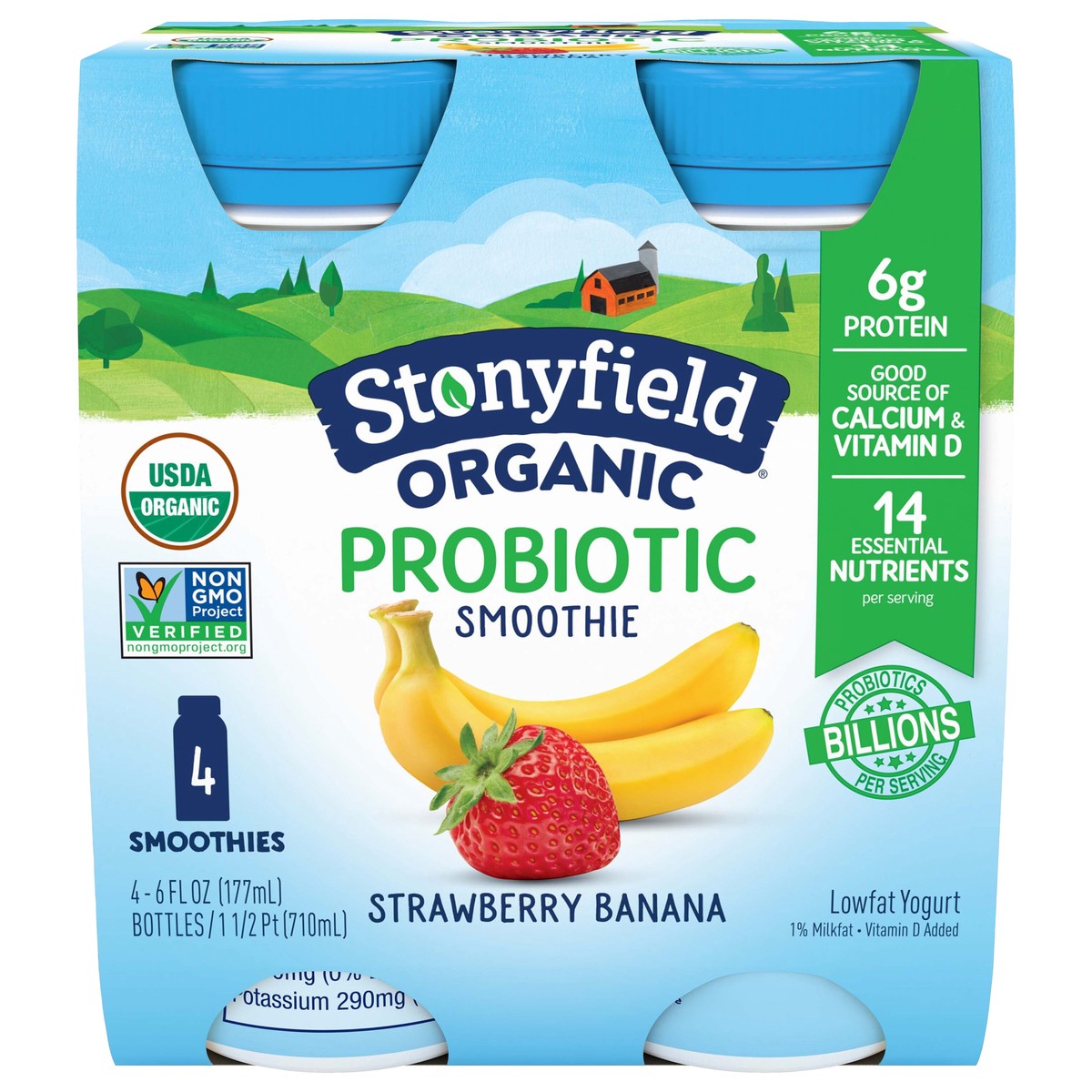 slide 1 of 9, Stonyfield Lowfat Yogurt Strawberry Banana Probiotic Smoothie 4 - 6 fl oz Bottles, 4 ct