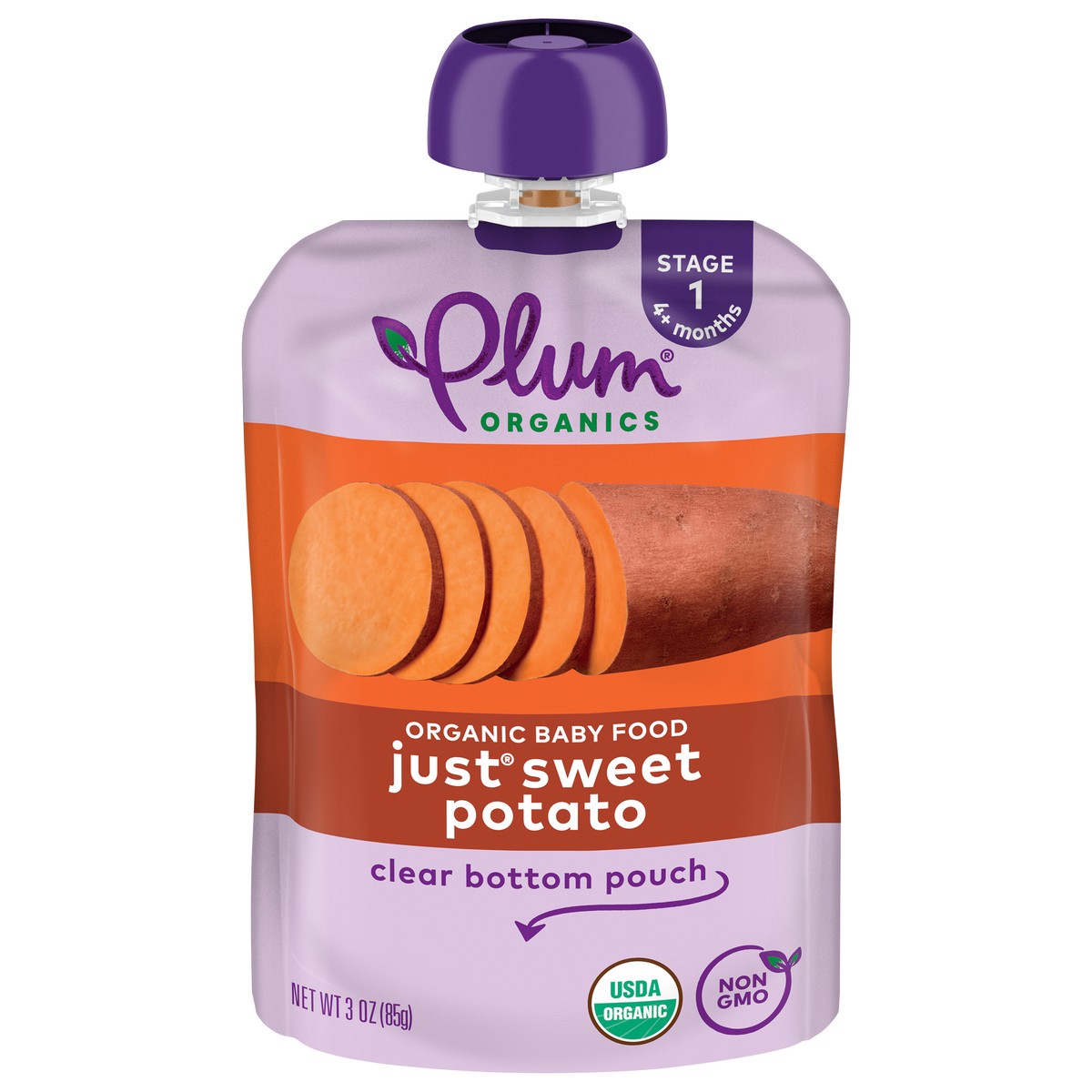 slide 1 of 9, Plum Organics Just Sweet Potato Stage 1 Organic Baby Food 3oz Pouch, 3 oz