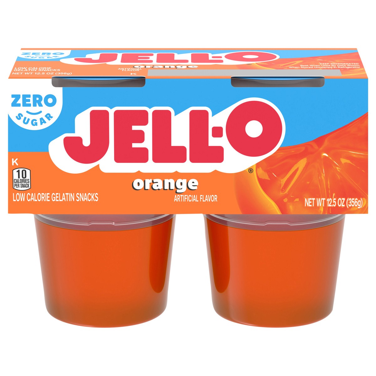 slide 1 of 5, Jell-O Orange Artificially Flavored Zero Sugar Ready-to-Eat Gelatin Snack Cups, 4 ct Cups, 12.5 oz