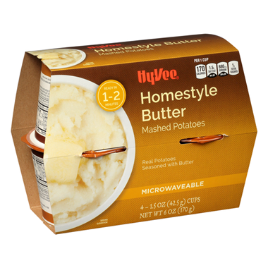 slide 1 of 1, Hy-Vee Mashed Potatoes, Homestyle Butter, Microwaveable 4-1.5 Oz Cups, 6 oz