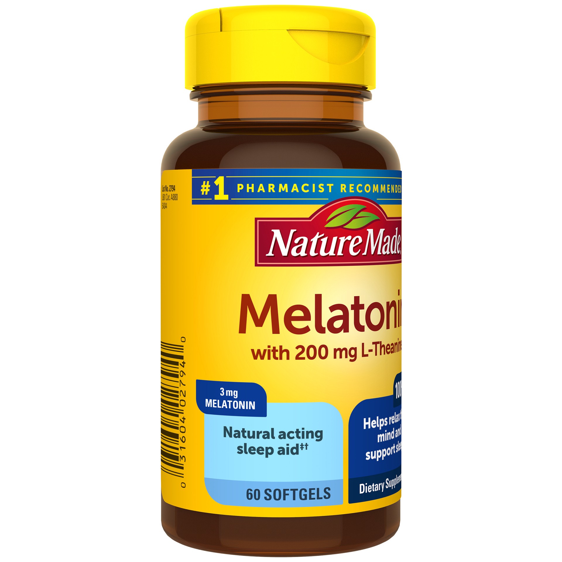 slide 2 of 4, Nature Made Melatonin 3 mg with L-Theanine 200 mg, Dietary Supplement for Restful Sleep, 60 Softgels, 60 Day Supply, 60 ct