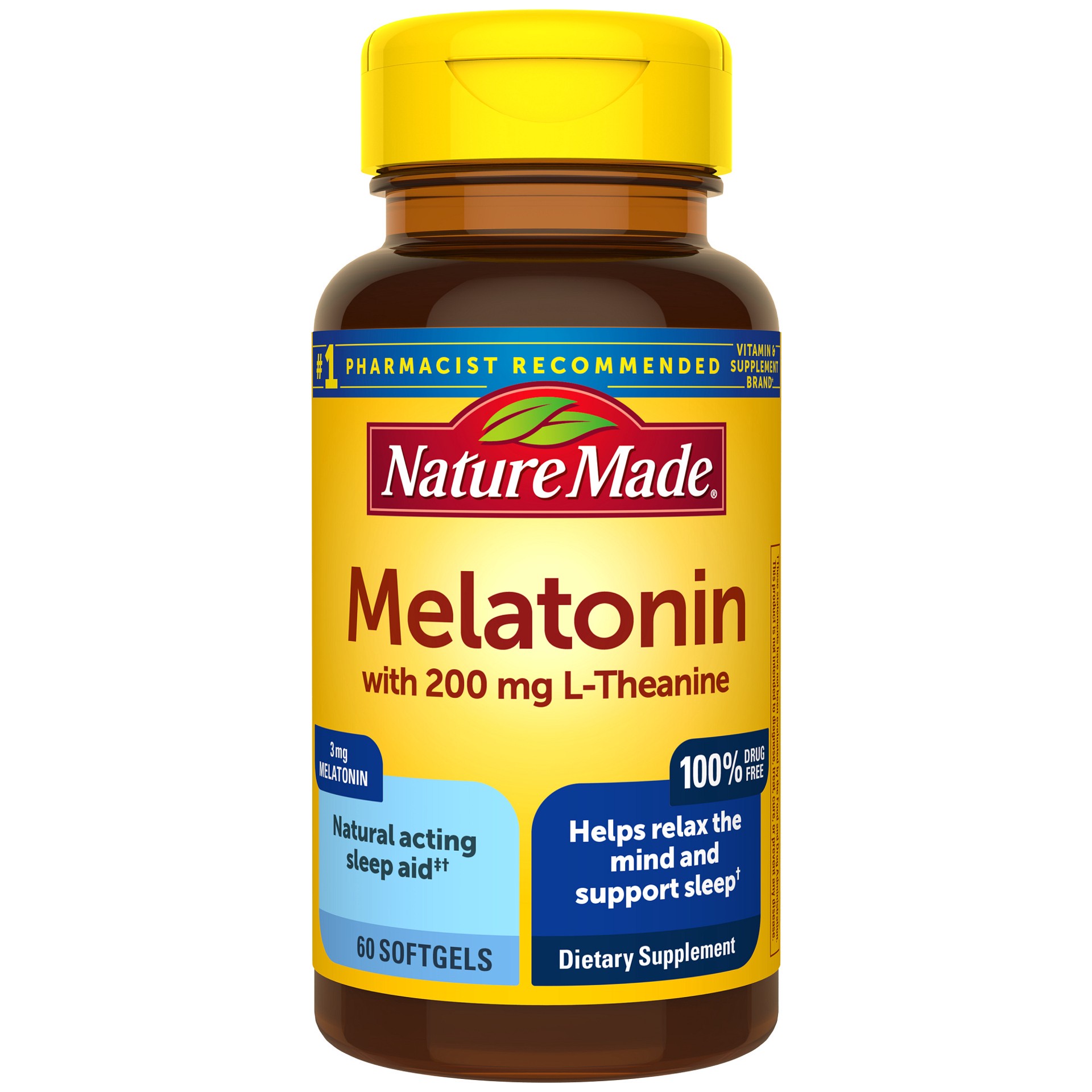 slide 1 of 4, Nature Made Melatonin 3 mg with L-Theanine 200 mg, Dietary Supplement for Restful Sleep, 60 Softgels, 60 Day Supply, 60 ct