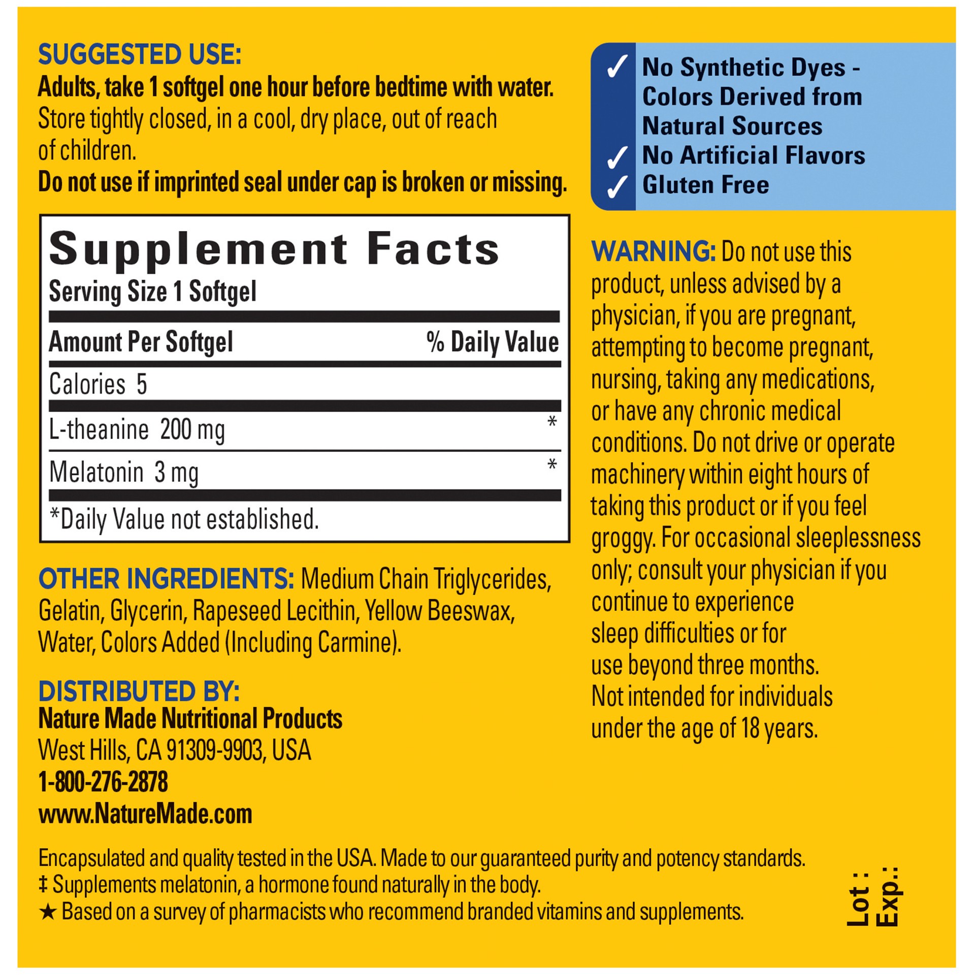 slide 4 of 4, Nature Made Melatonin 3 mg with L-Theanine 200 mg, Dietary Supplement for Restful Sleep, 60 Softgels, 60 Day Supply, 60 ct