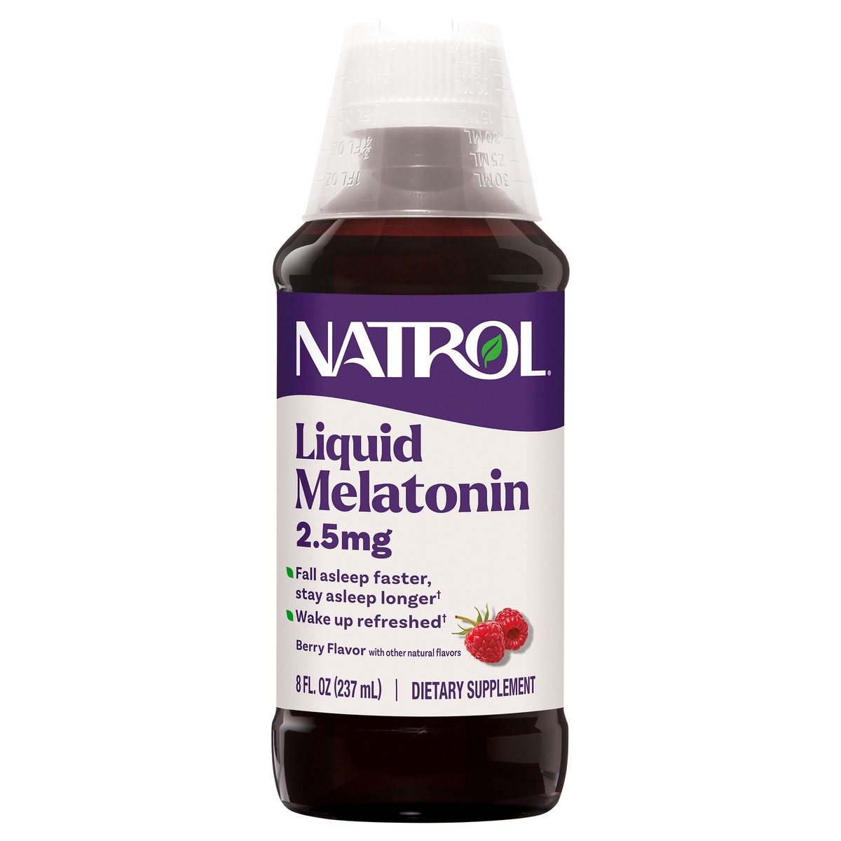 slide 1 of 9, Natrol Liquid Melatonin 2.5 mg, Adult Melatonin Supplement to Fall Asleep Faster and Stay Asleep Longer, Wake Up Refreshed, 8 FL OZ Berry-Flavored Liquid, Up to a 23 Day Supply, 8 oz