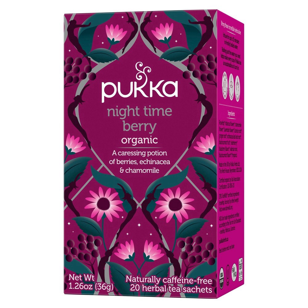 slide 4 of 7, Pukka Organic Naturally Caffeine-Free Night Time Berry Herbal Tea 20 Sachets, 20 ct