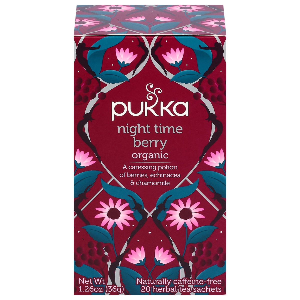 slide 1 of 7, Pukka Organic Naturally Caffeine-Free Night Time Berry Herbal Tea 20 Sachets, 20 ct
