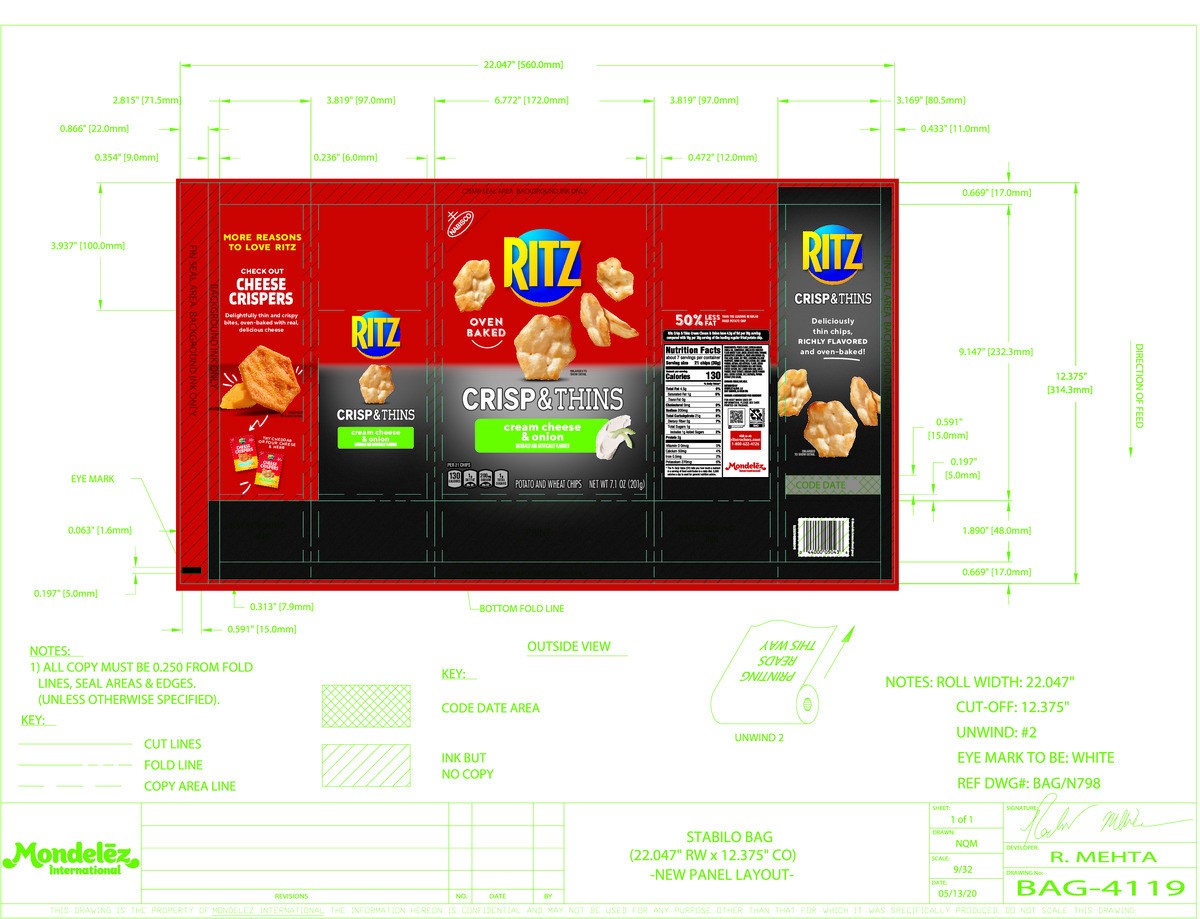 slide 4 of 13, RITZ Crisp and Thins Cream Cheese and Onion Chips, Party Snacks, 7.1 oz, 7.1 oz