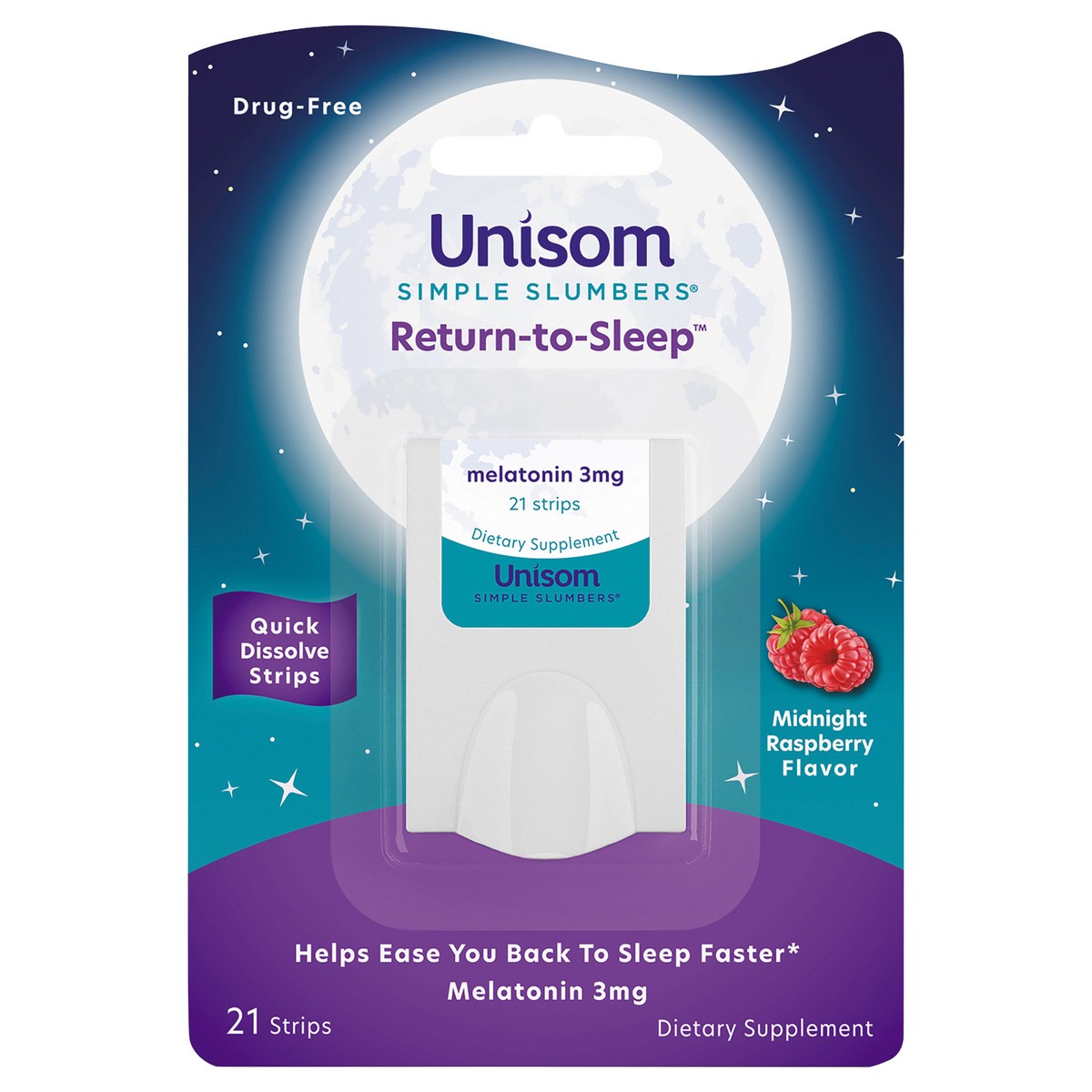 slide 1 of 1, Unisom Simple Slumbers Return-to-Sleep Strips 3 mg 21ct Raspberry, 21 ct