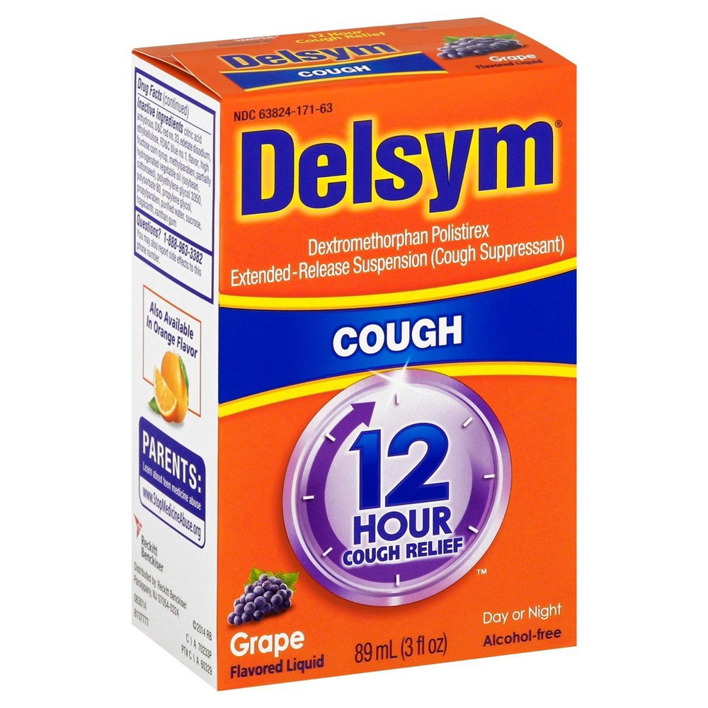 slide 4 of 9, Delsym 12-Hour Relief Grape Flavored Cough Suppressant, 3 fl oz