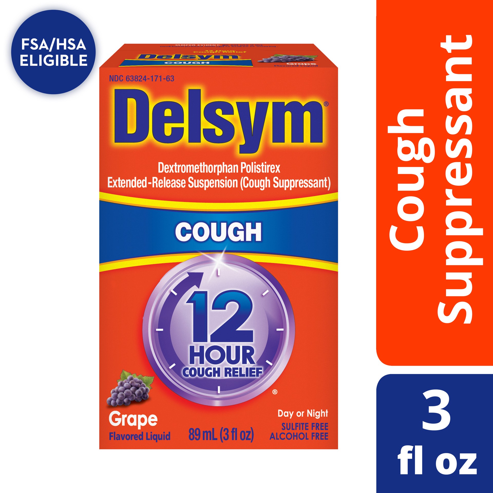 slide 1 of 9, Delsym 12-Hour Relief Grape Flavored Cough Suppressant, 3 fl oz