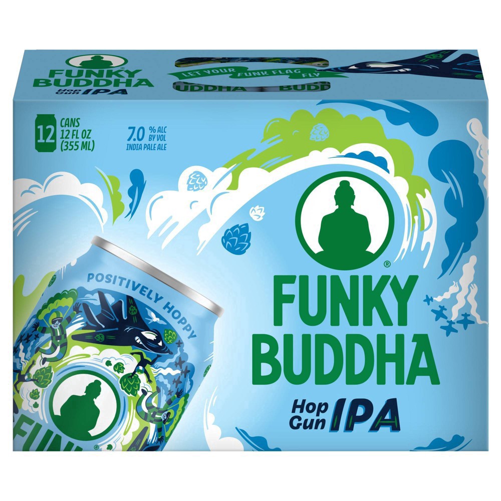 slide 5 of 5, Funky Buddha Hop Gun IPA Craft Beer, 12 pk 12 fl oz Cans, 7.0% ABV, 144 fl oz