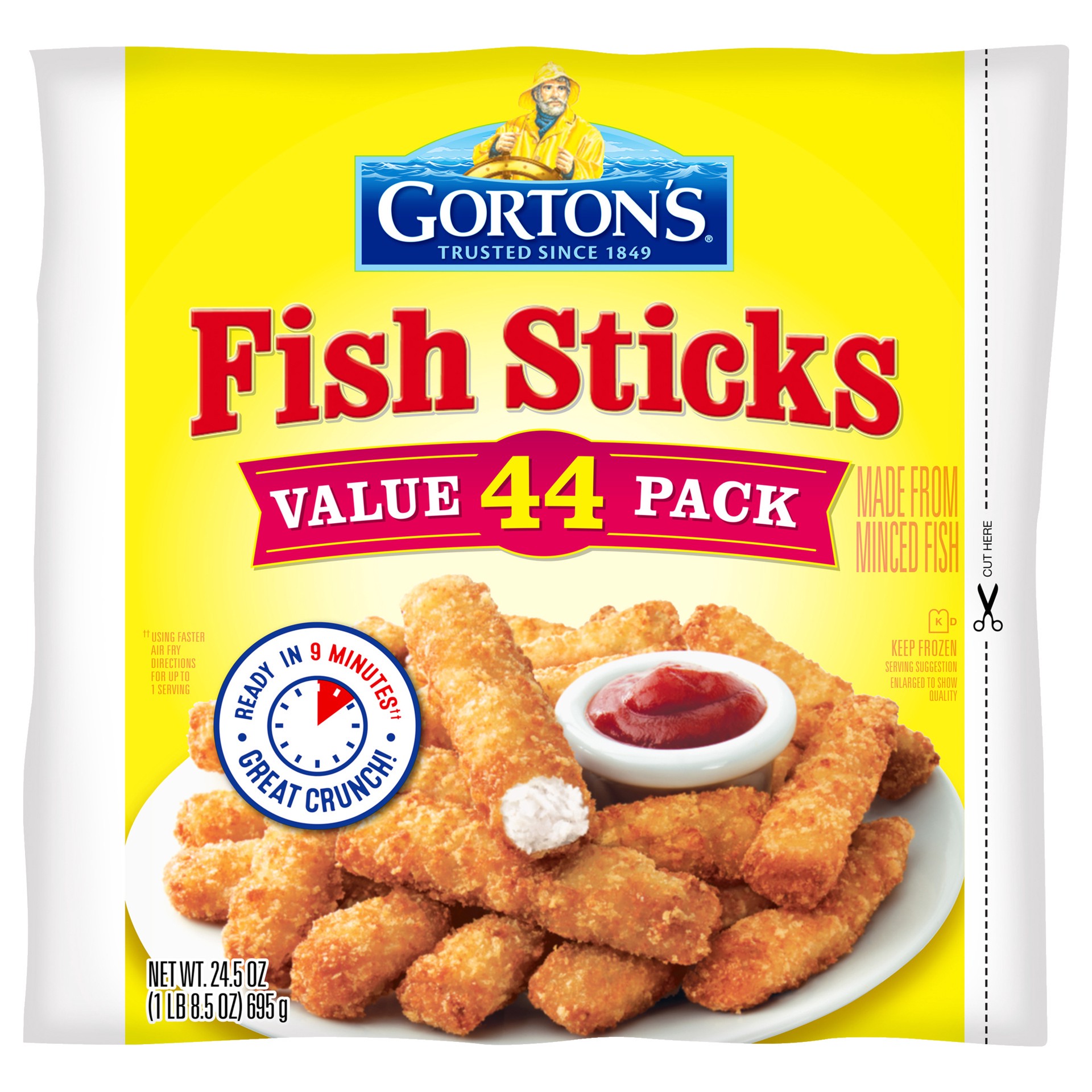 slide 3 of 9, Gorton's Gorton''s Crunchy Breaded Fish Sticks Cut from Real Fish, Wild Caught Fish with Crunchy Panko Breadcrumbs, Frozen, 44 Count, 24.5 Ounce Package, 44 ct