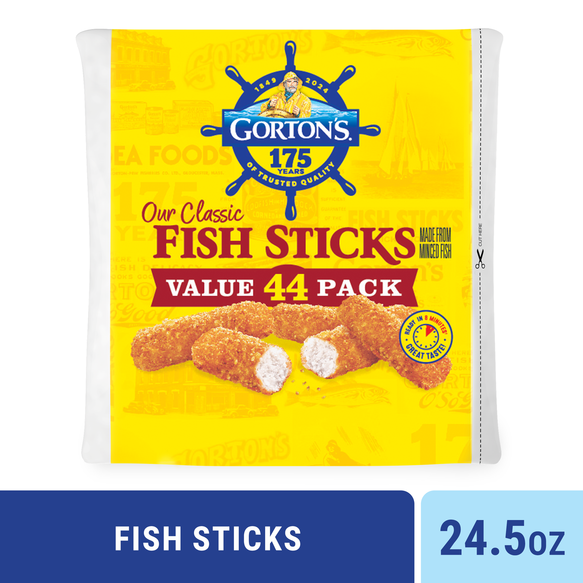 slide 1 of 9, Gorton's Gorton''s Crunchy Breaded Fish Sticks Cut from Real Fish, Wild Caught Fish with Crunchy Panko Breadcrumbs, Frozen, 44 Count, 24.5 Ounce Package, 44 ct