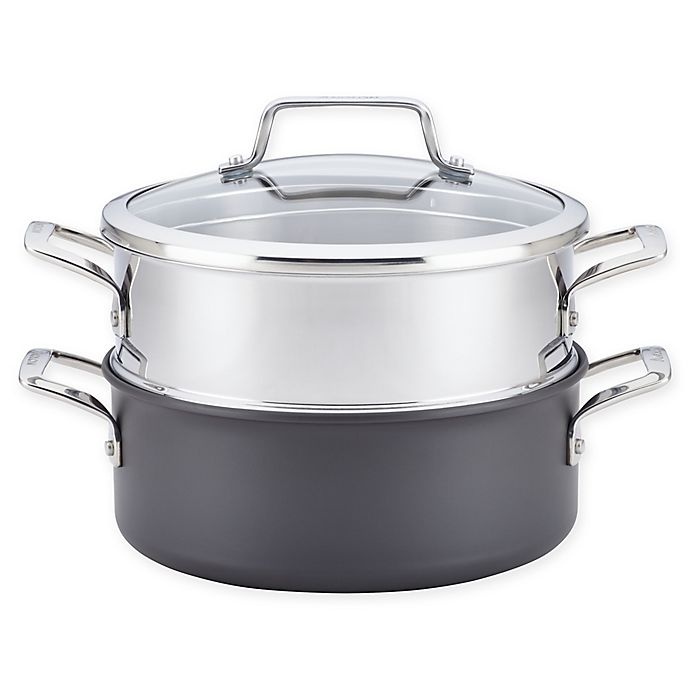 slide 1 of 4, Anolon Authority Covered Dutch Oven with Stainless Steel Steamer Insert, 5 qt