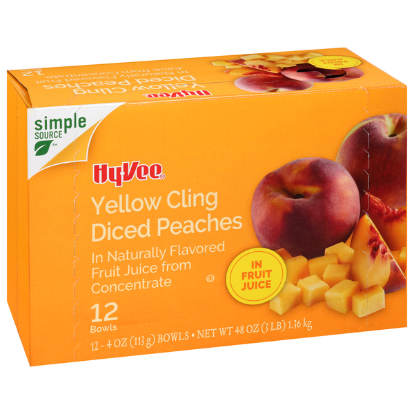 slide 1 of 1, Hy-Vee Diced Yellow Cling Peaches 12 Count, 4 oz