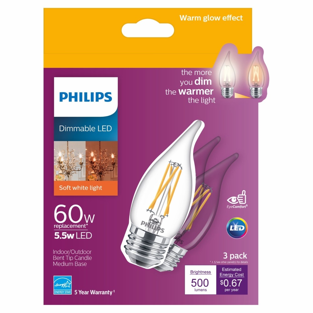 slide 1 of 1, Philips 5.5-Watt (60-Watt) Medium Base Bent Tip Candle Led Light Bulbs, 3 ct