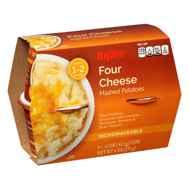 slide 1 of 1, Hy-Vee Mashed Potatoes, Four Cheese, Microwaveable 4-1.5 Oz Cups, 6 oz