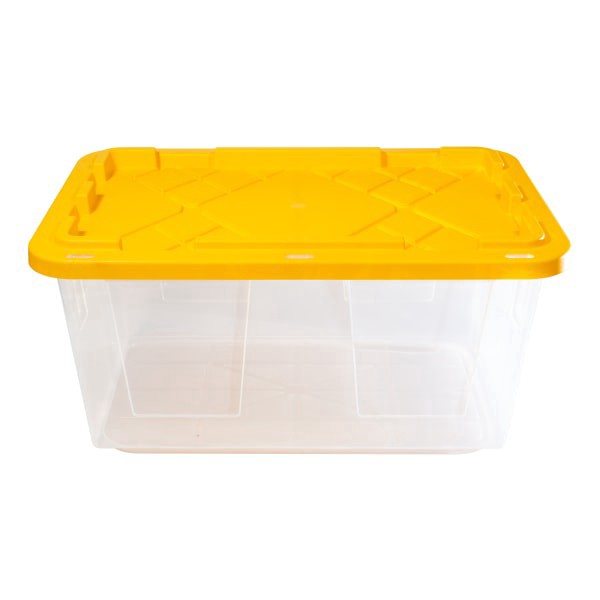 slide 5 of 5, Office Depot Brand By Greenmade Professional Storage Tote With Handles/Snap Lid, 27 Gallon, 30-1/10"" X 20-1/4"" X 14-3/4"", Clear/Yellow, 1 ct