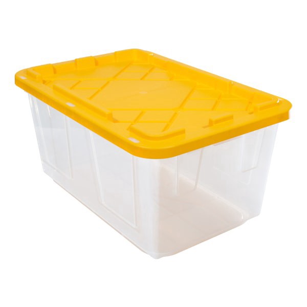 slide 2 of 5, Office Depot Brand By Greenmade Professional Storage Tote With Handles/Snap Lid, 27 Gallon, 30-1/10"" X 20-1/4"" X 14-3/4"", Clear/Yellow, 1 ct