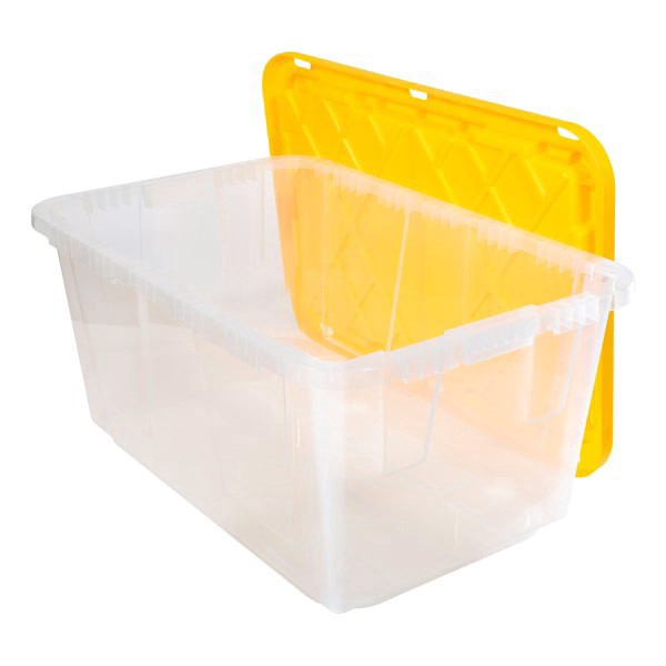 slide 4 of 5, Office Depot Brand By Greenmade Professional Storage Tote With Handles/Snap Lid, 27 Gallon, 30-1/10"" X 20-1/4"" X 14-3/4"", Clear/Yellow, 1 ct