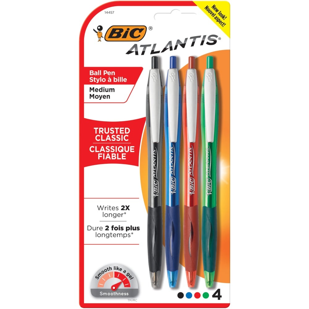 slide 1 of 1, BIC Atlantis Retractable Ballpoint Pens, Medium Point, 1.0mm, Clear Barrel, Assorted Ink Colors, 4 ct