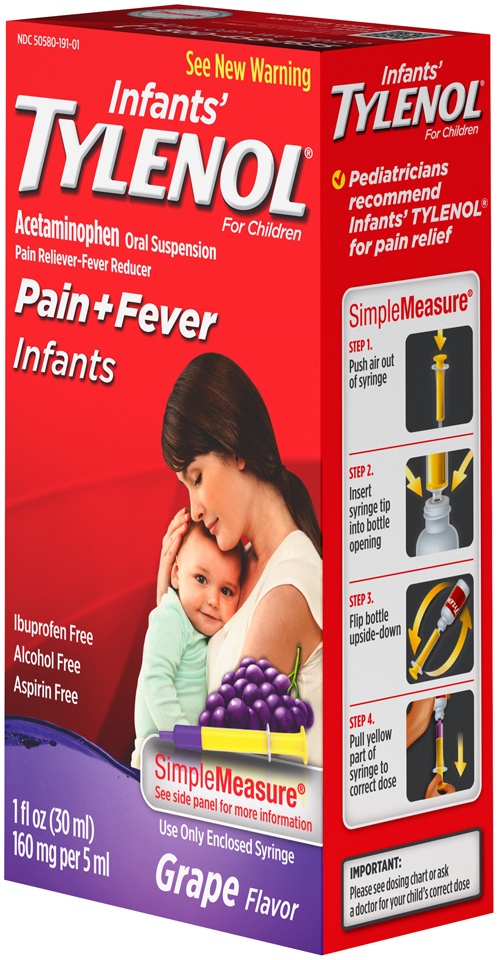 slide 3 of 6, Infants' Tylenol Oral Suspension Liquid Medicine with Acetaminophen, Baby Fever Reducer & Pain Reliever for Minor Aches & Pains, Sore Throat, Headache & Toothache, Grape Flavor, 1 fl oz