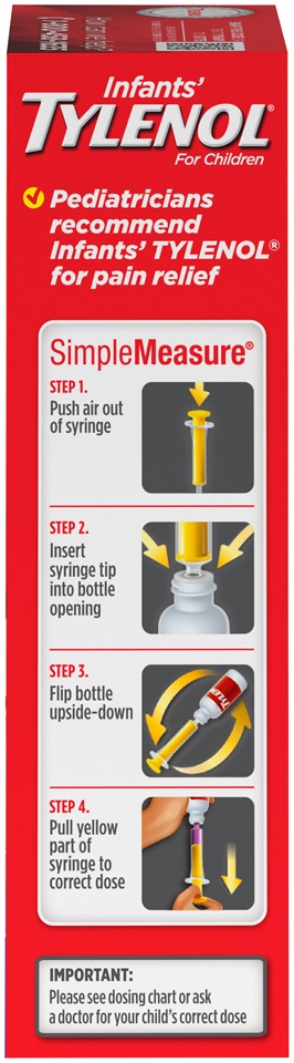 slide 5 of 6, Infants' Tylenol Oral Suspension Liquid Medicine with Acetaminophen, Baby Fever Reducer & Pain Reliever for Minor Aches & Pains, Sore Throat, Headache & Toothache, Grape Flavor, 1 fl oz